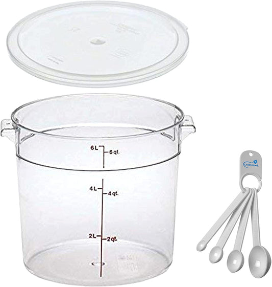 Cambro 6 Quart Round Food Storage Container, Clear, with a Clear Lid, Bundle with a Measuring Spoon Set