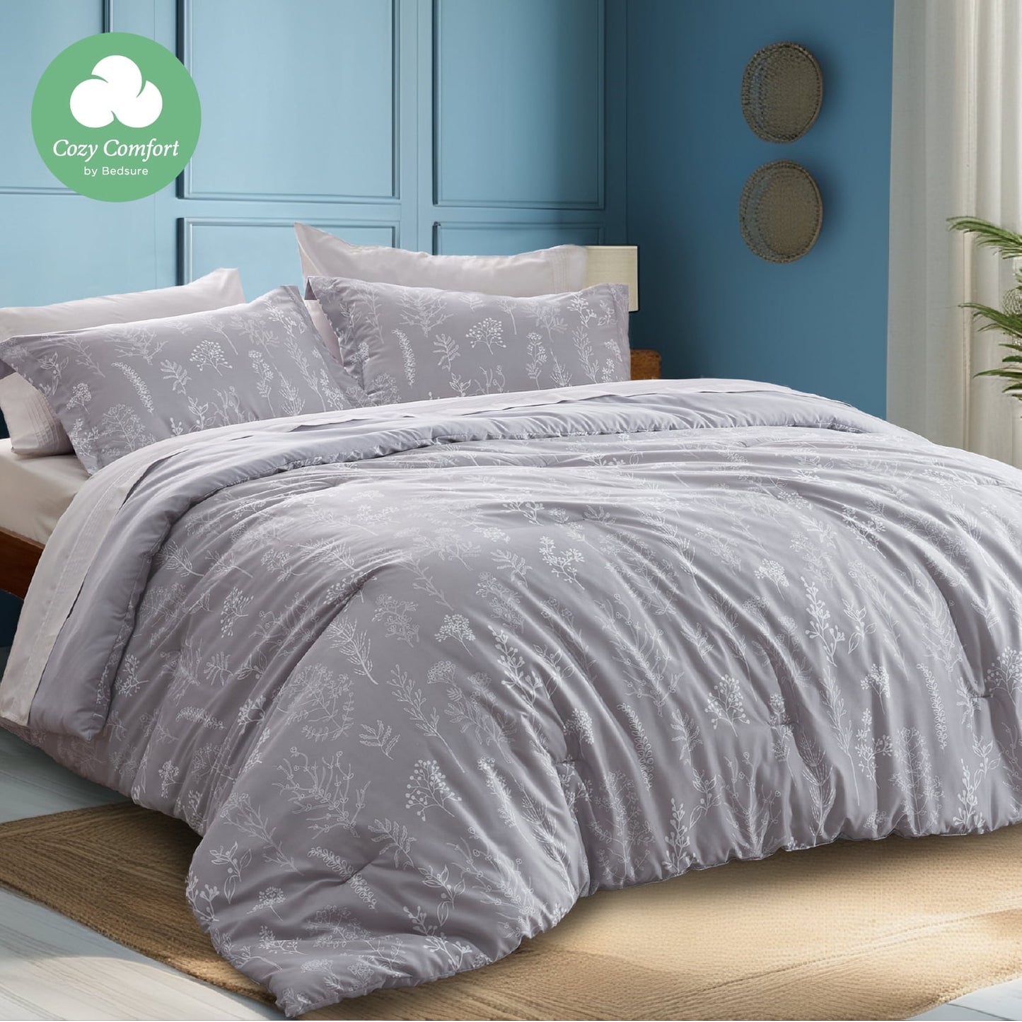 Cozy Comfort 3 Pieces Comforter Sets, 1 Soft Reversible Botanical Flowers Comforter and 2 Pillow Shams, Olive Green, Queen Size