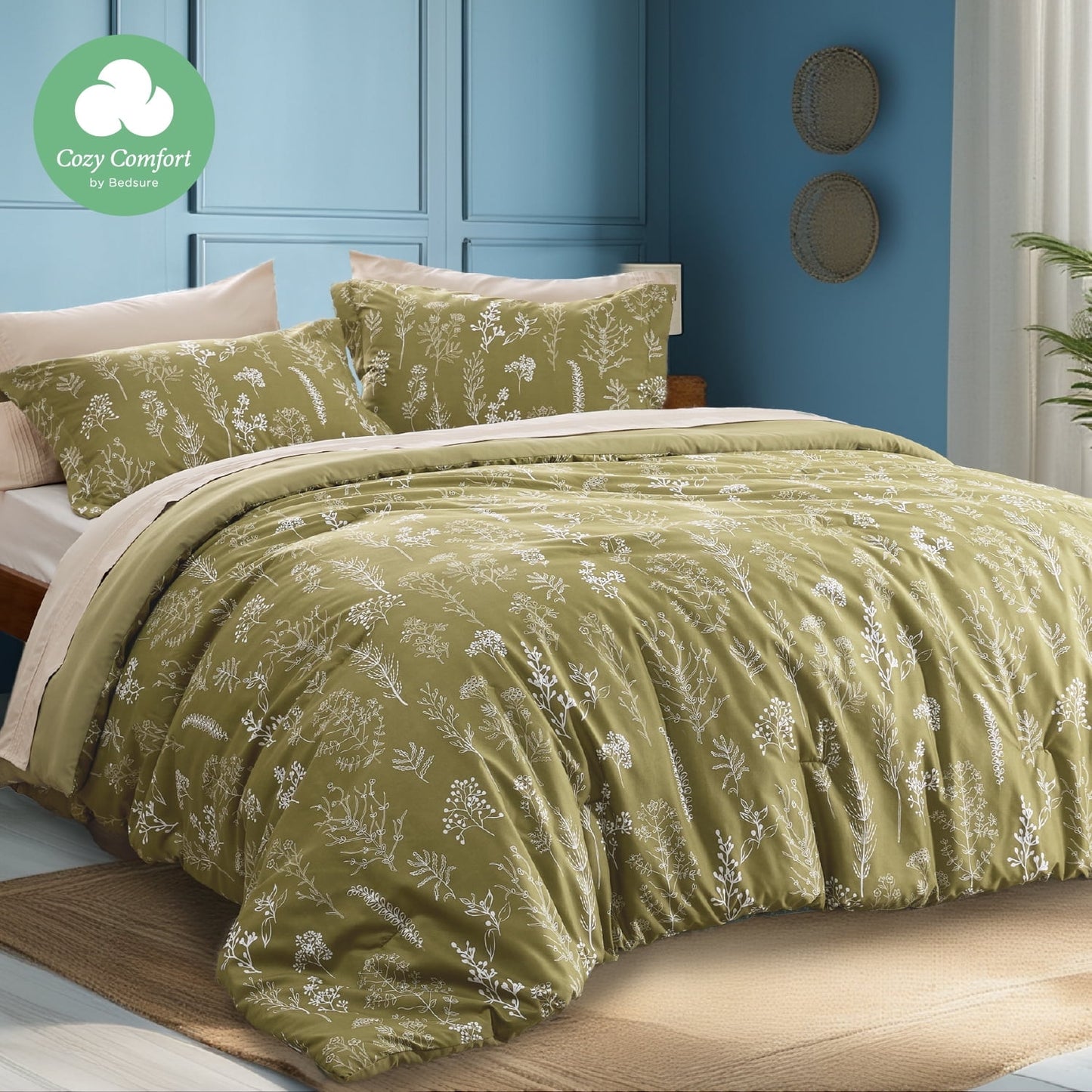 Cozy Comfort 3 Pieces Comforter Sets, 1 Soft Reversible Botanical Flowers Comforter and 2 Pillow Shams, Olive Green, Queen Size