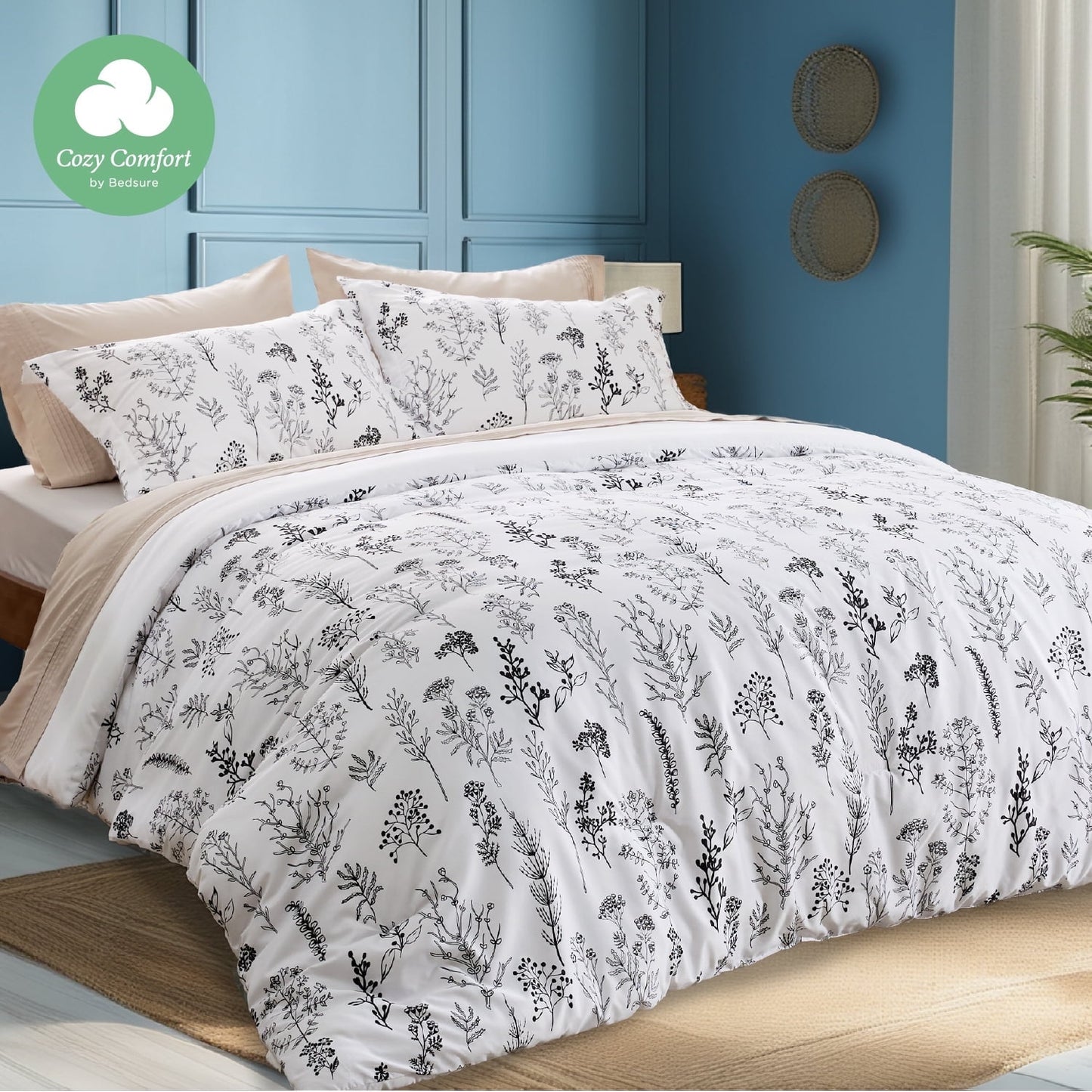 Cozy Comfort 3 Pieces Comforter Sets, 1 Soft Reversible Botanical Flowers Comforter and 2 Pillow Shams, Olive Green, Queen Size