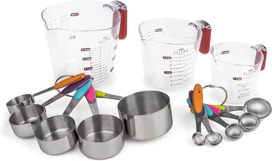 Elitra Home 13 Pieces Measuring Cups and Spoons Set, Includes 10 Stainless Steel Measuring Spoons and 3 Plastic Measuring Cup