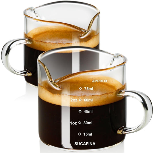 Baalaka Espresso Cup Set with Handle, Double Spout Glass Measuring Cup, V-Shaped Shot Glass, Clear Milk Frothing Pitcher, Espresso Accessories