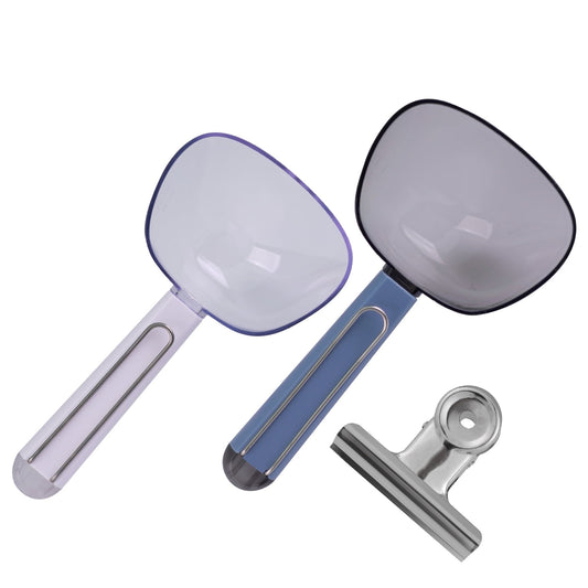LAMEI 2 Pack Measuring Scoops Set, Handle with Clip, Reusable Clear Plastic Scoops, Suitable for Pet Food, Coffee Bean, Powders, and Other Grains, Measurement and Food Storage