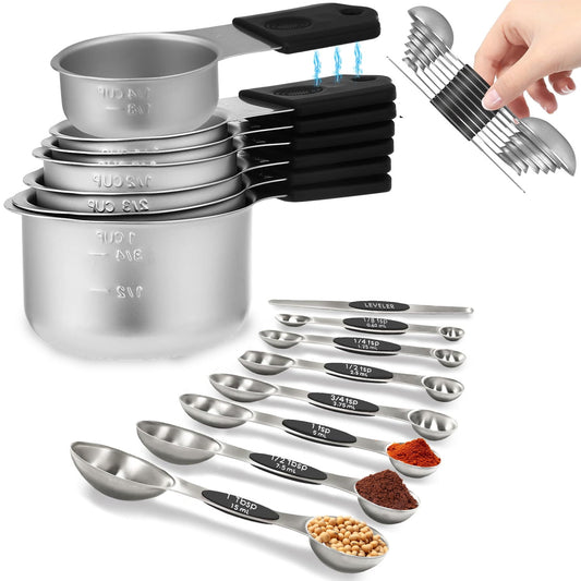 Magnetic Measuring Cups and Spoons Set of 16 Piece, Dishwasher Safe, Nesting Kitchen Gadgets for Cooking & Baking, Black