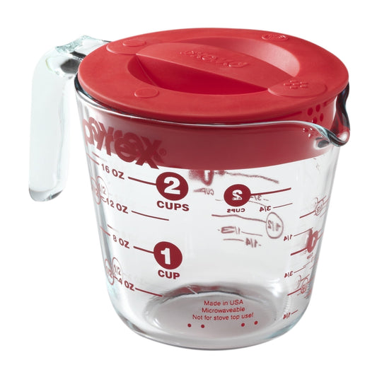 Pyrex Prepware 2 Cup Measuring Cup with Red Plastic Cover in Clear