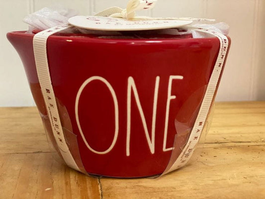 Rae Dunn ONE Red Ceramic Measuring Cup Set of 4 includes one cup; half cup; third cup and fourth cup Heart Cutout on back side Ivory LL Letters Valentine's Day