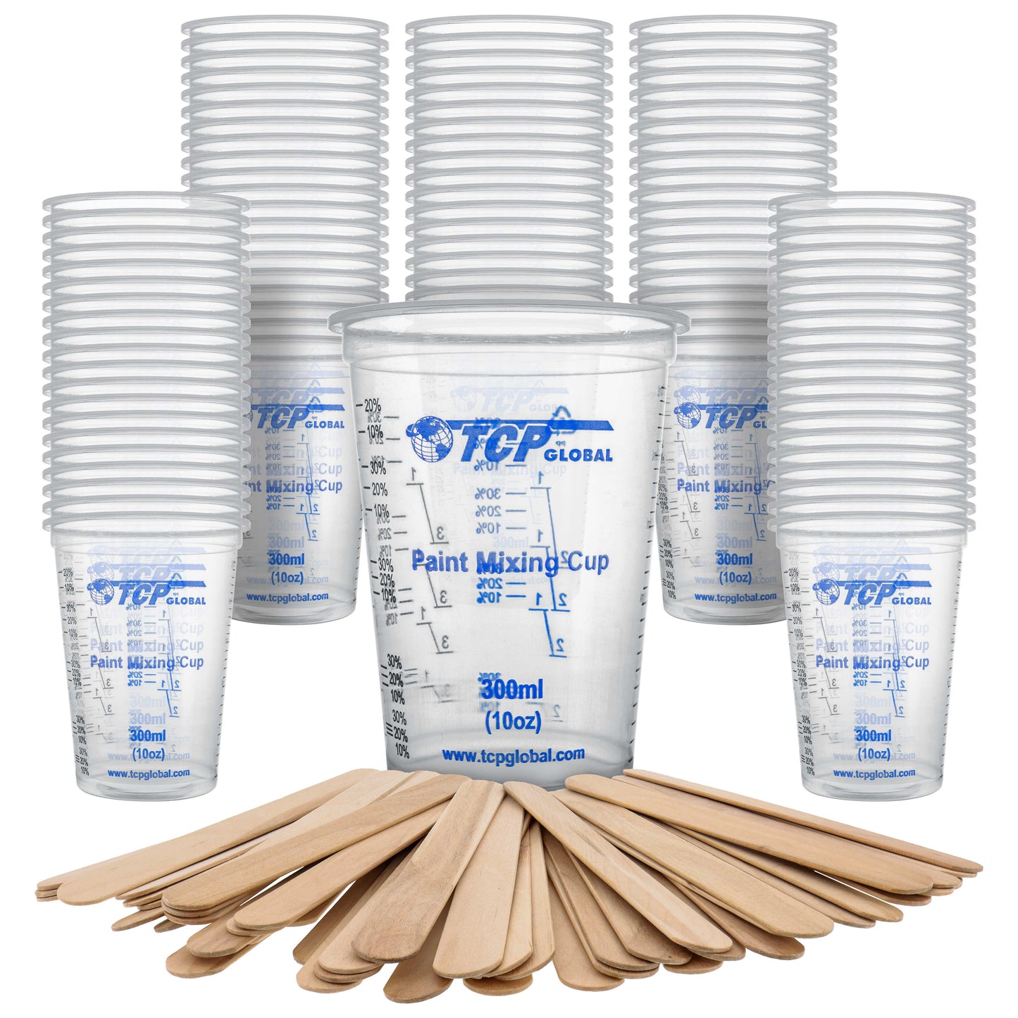 TCP Global 10 Ounce (300ml) Disposable Flexible Clear Graduated Plastic Mixing Cups - Box of 100 Cups & 50 Mixing Sticks - Use for Paint, Resin, Epoxy, Art, Kitchen - Measuring Ratios 2-1, 3-1, 4-1 ML