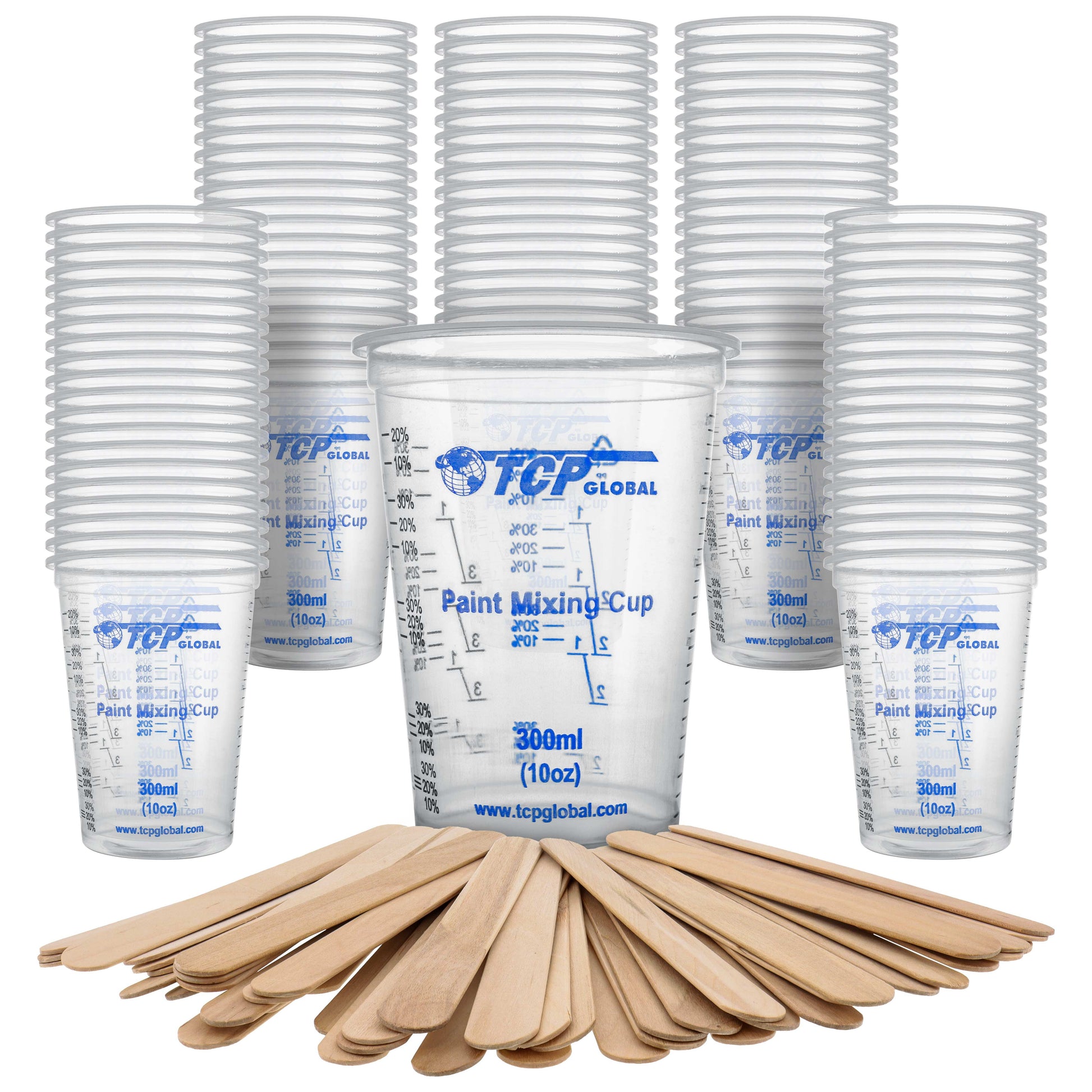 TCP Global 10 Ounce (300ml) Disposable Flexible Clear Graduated Plastic Mixing Cups - Box of 100 Cups & 50 Mixing Sticks - Use for Paint, Resin, Epoxy, Art, Kitchen - Measuring Ratios 2-1, 3-1, 4-1 ML