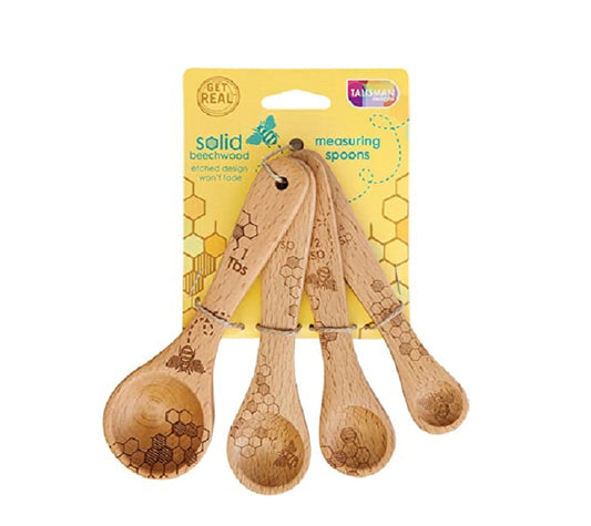 Talisman Designs Laser Etched Beechwood Measuring Spoons | Set of 4 | Honey Bee Design | Natural Wooden
