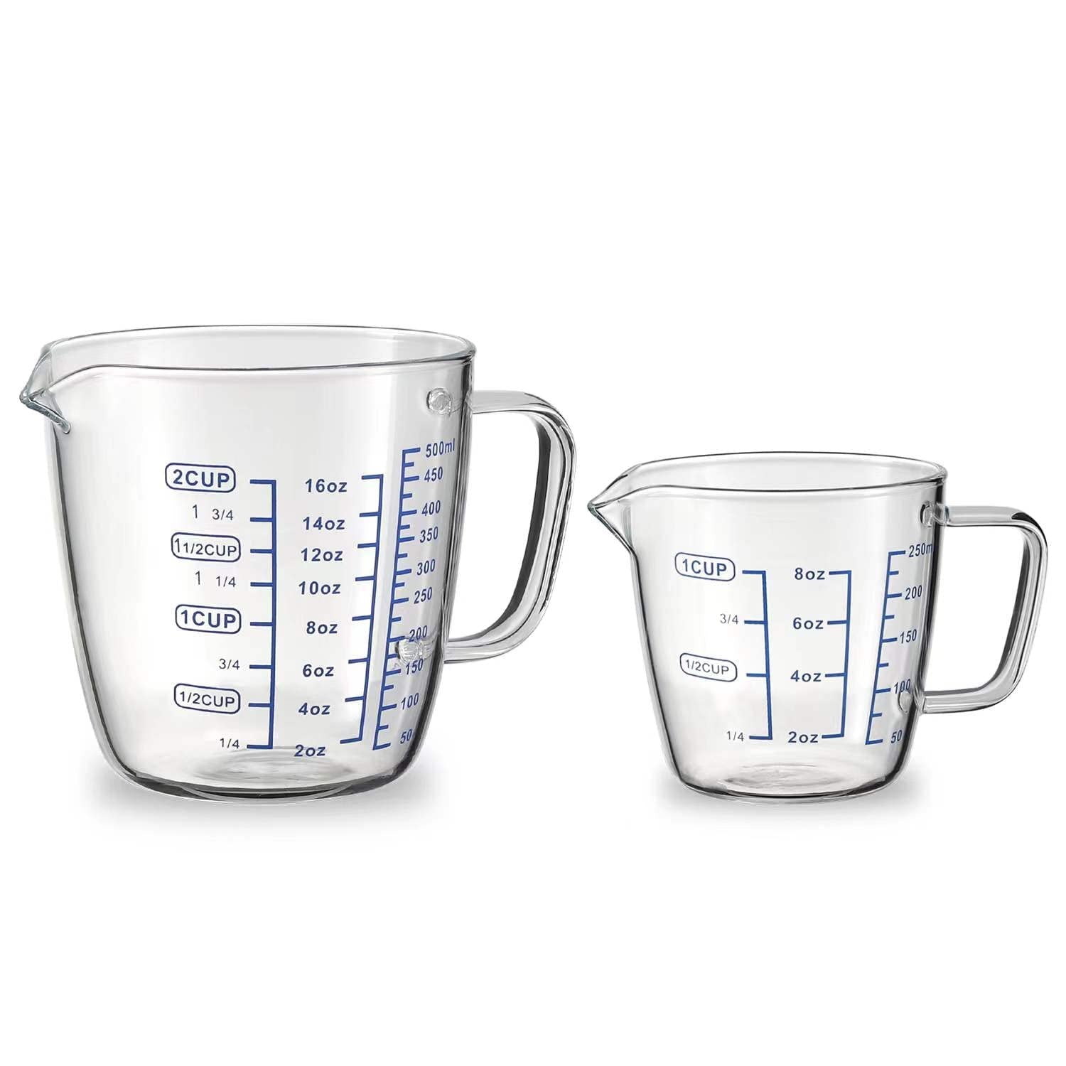 Vucchini Glass Measuring Cup Set - Measure Jugs Mixing Mug with 3 scales for laboratory Milk - Making Kitchen Baking Party Wine Coffee Liquid - 2 cups - 16 oz & 8 oz