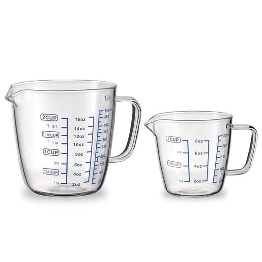 Vucchini Glass Measuring Cup Set - Measure Jugs Mixing Mug with 3 scales for laboratory Milk - Making Kitchen Baking Party Wine Coffee Liquid - 2 cups - 16 oz & 8 oz