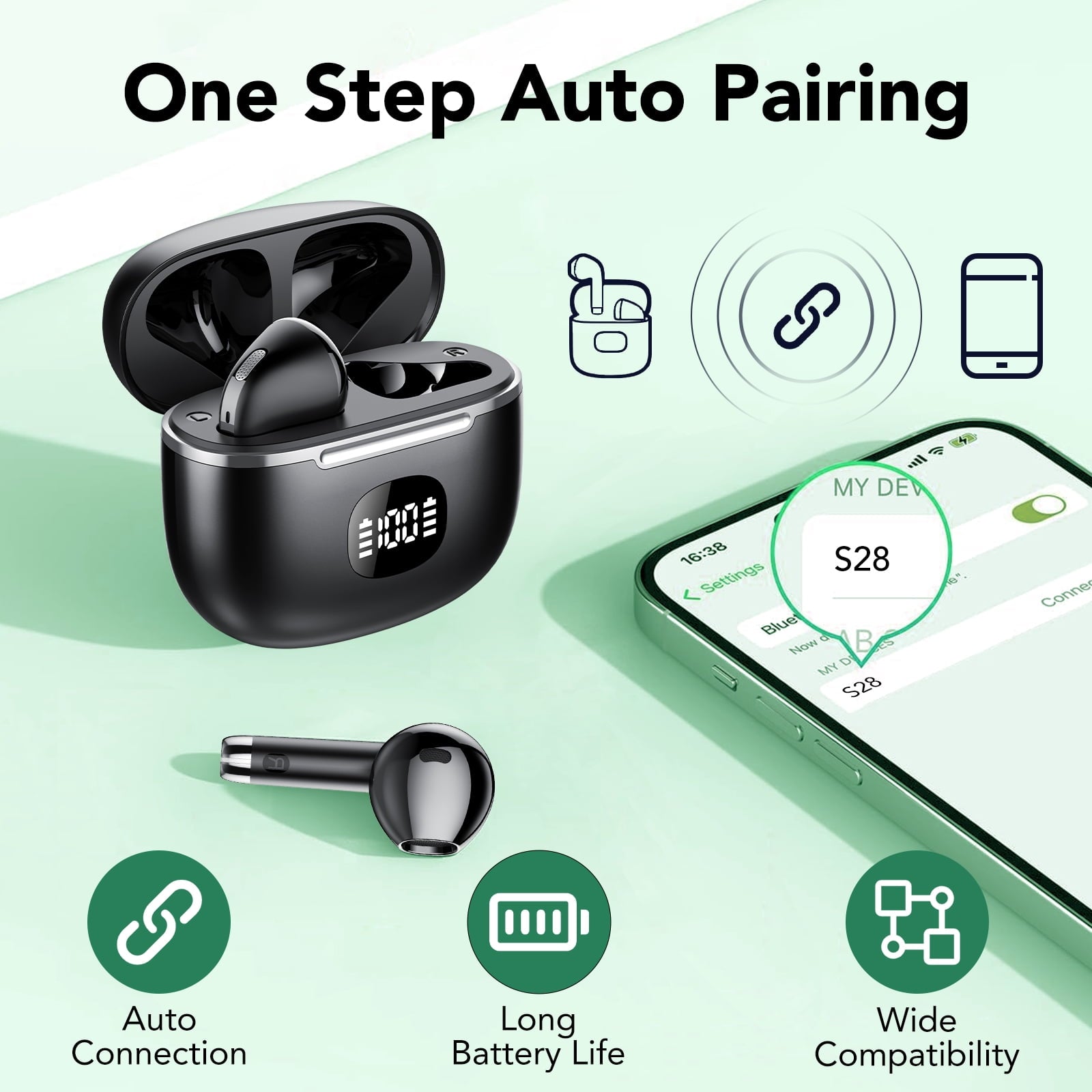 Wireless Earbuds Bluetooth Headphone 60H Deep Bass Loud Sound with 4 Mic Clear Call Ear Buds Noise Cancelling IP7 in-Ear Headphones with Wireless Charging Case Compatible for iPhone Android, Black