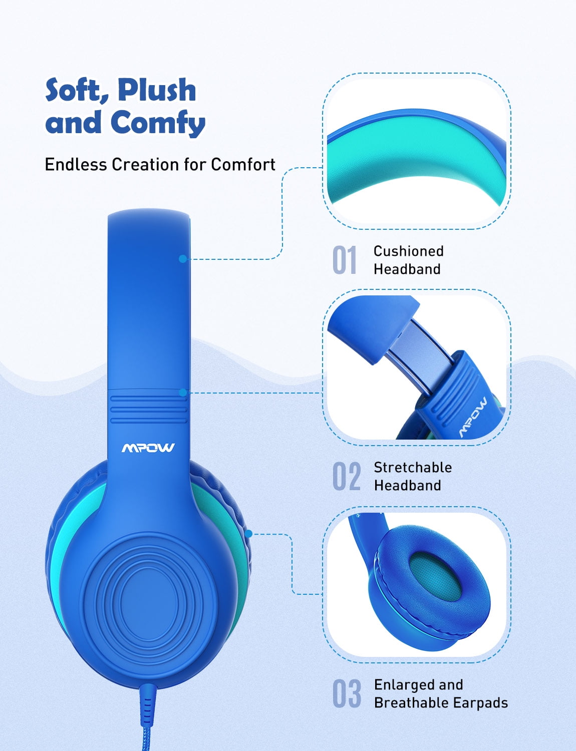 Mpow Kids Headphones with Microphone, Foldable 85/94dB Safe Volume Stereo Adjustable over Ear Headphones for Kids, Girls, Boys, Children, Share Function Wired Kids Headphones for School Tablet