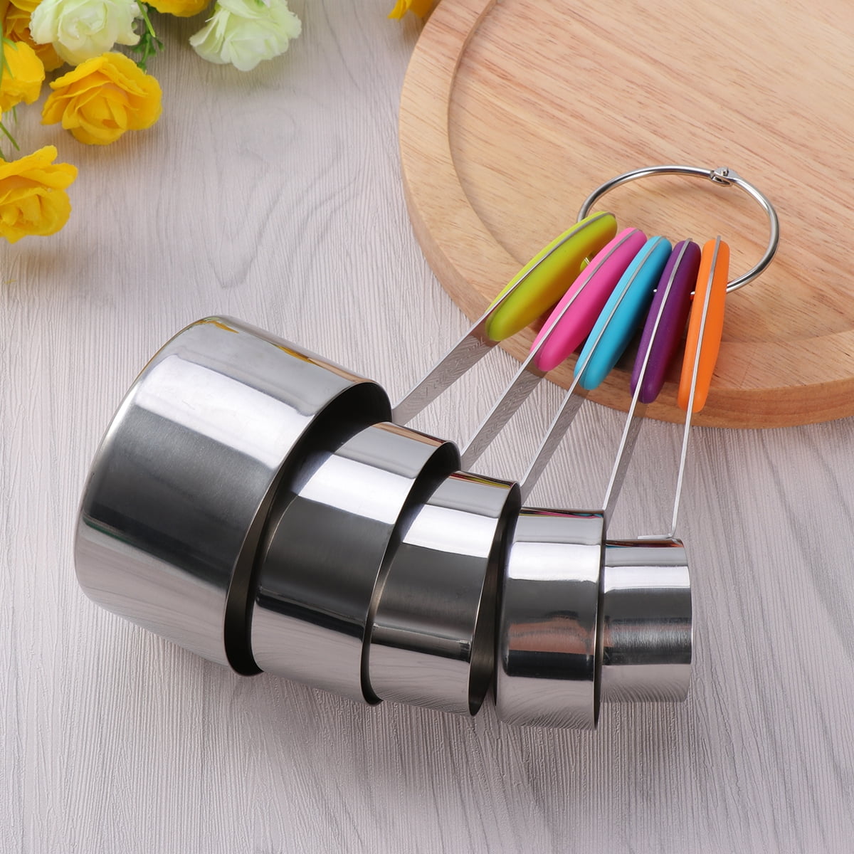 5PCS Stainless Steel Stackable Measuring Cup Set with Silicone Handles for Kitchen Cooking Baking - 1.0MM (Handle for Random Color)