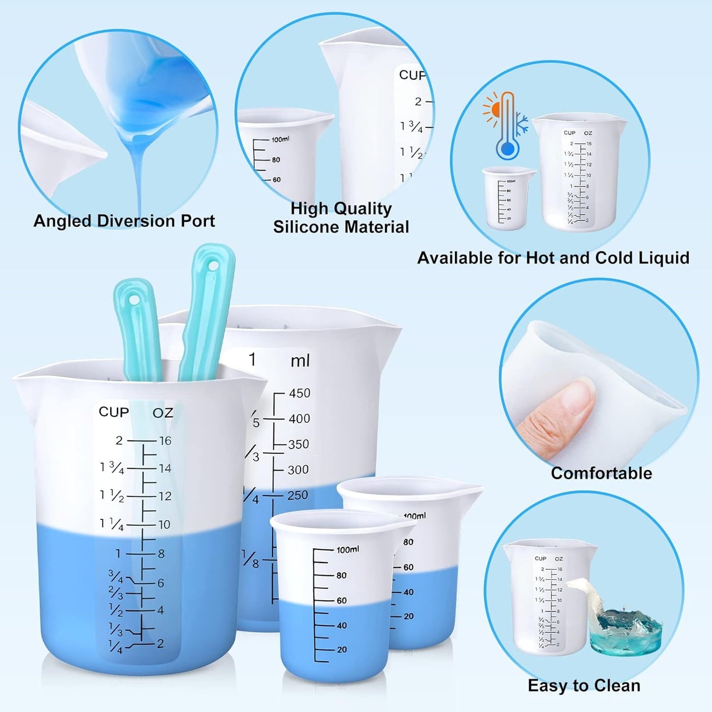 LET'S RESIN Silicone Measuring Cups, 450ml Accurate 2 Scales & 100ml Durable Measuring Cups, Epoxy Mixing Cup,Silicone Stirring Sticks, Easy Clean Resin Supplies for Resin Molds, Glitter Tumbler