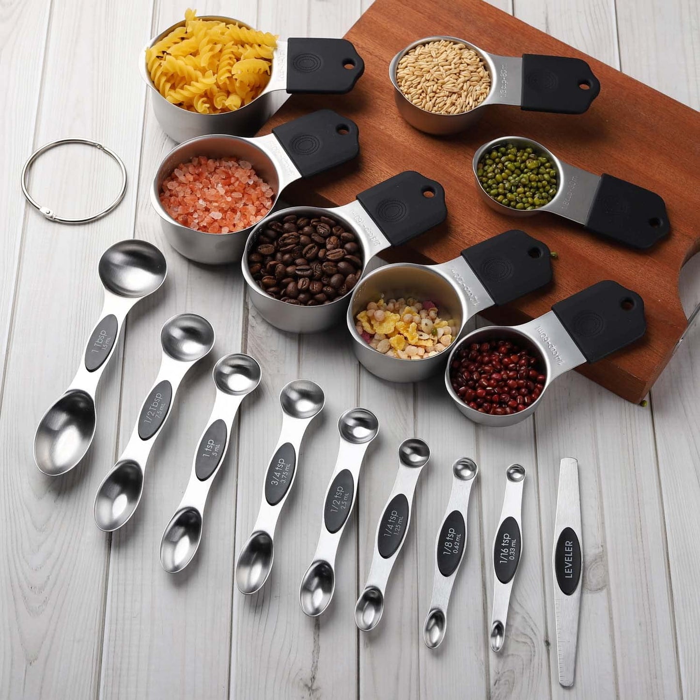 Magnetic Measuring Cups and Spoons Set of 16 Piece, Dishwasher Safe, Nesting Kitchen Gadgets for Cooking & Baking, Black