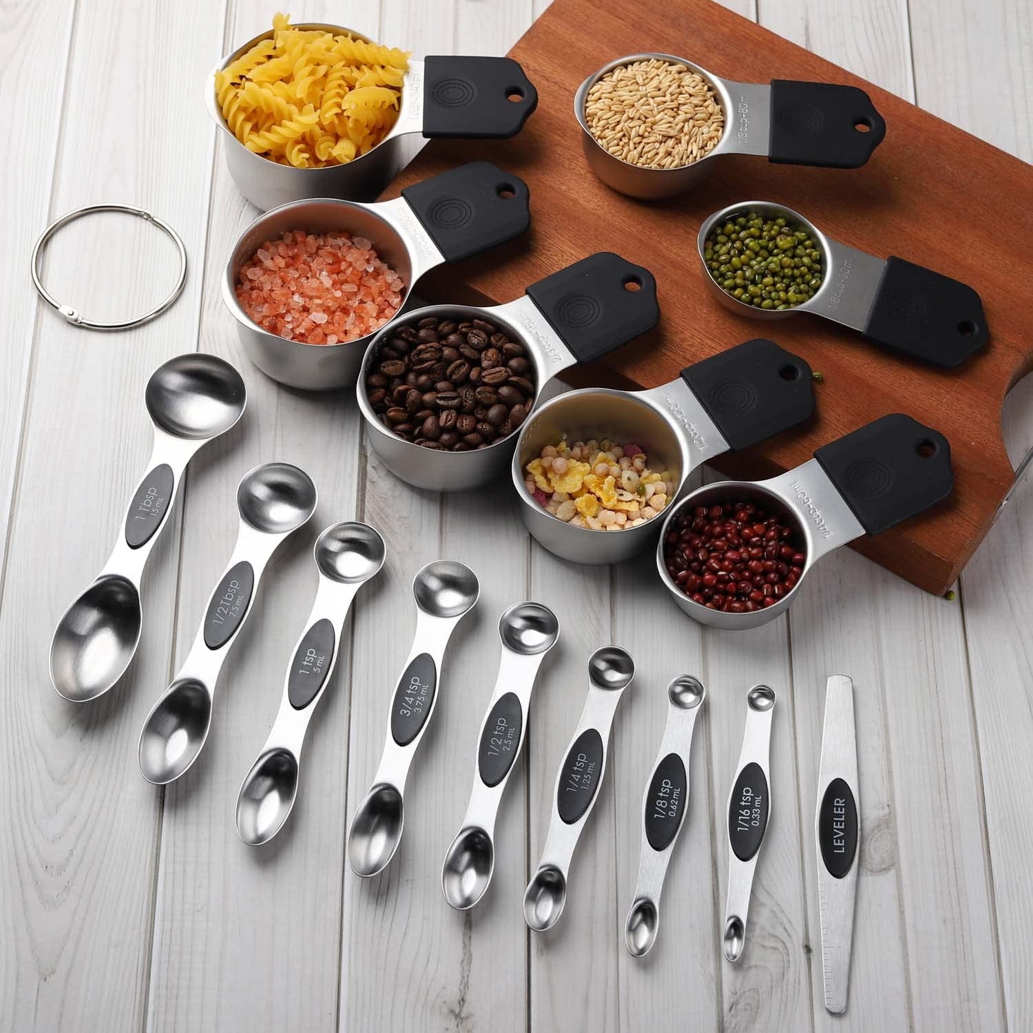 Magnetic Measuring Cups and Spoons Set of 16 Piece, Dishwasher Safe, Nesting Kitchen Gadgets for Cooking & Baking, Black