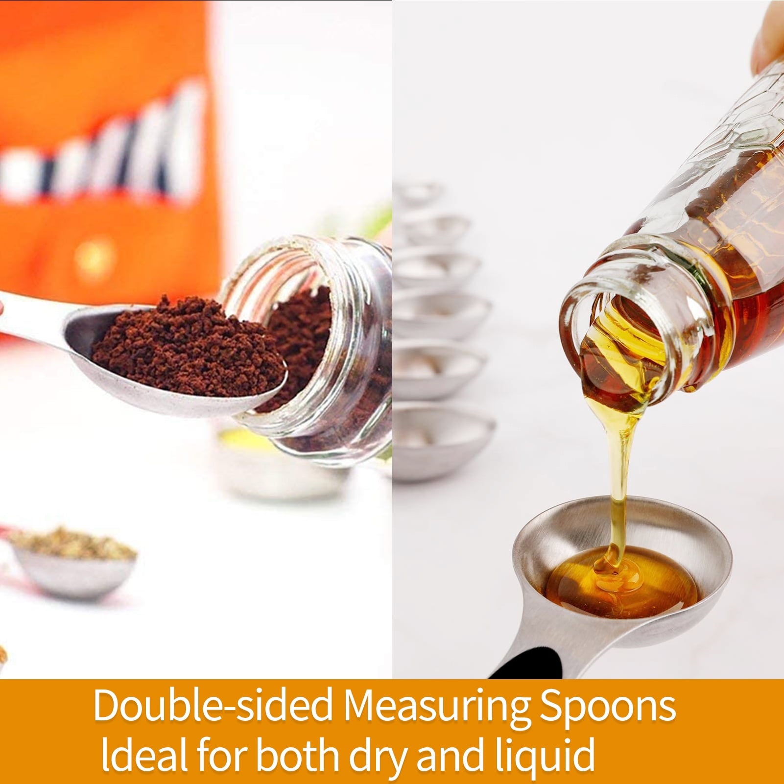 Magnetic Measuring Spoons Set, Dual Sided, Stainless Steel, Fits in Spice Jars (8Pcs-Black)
