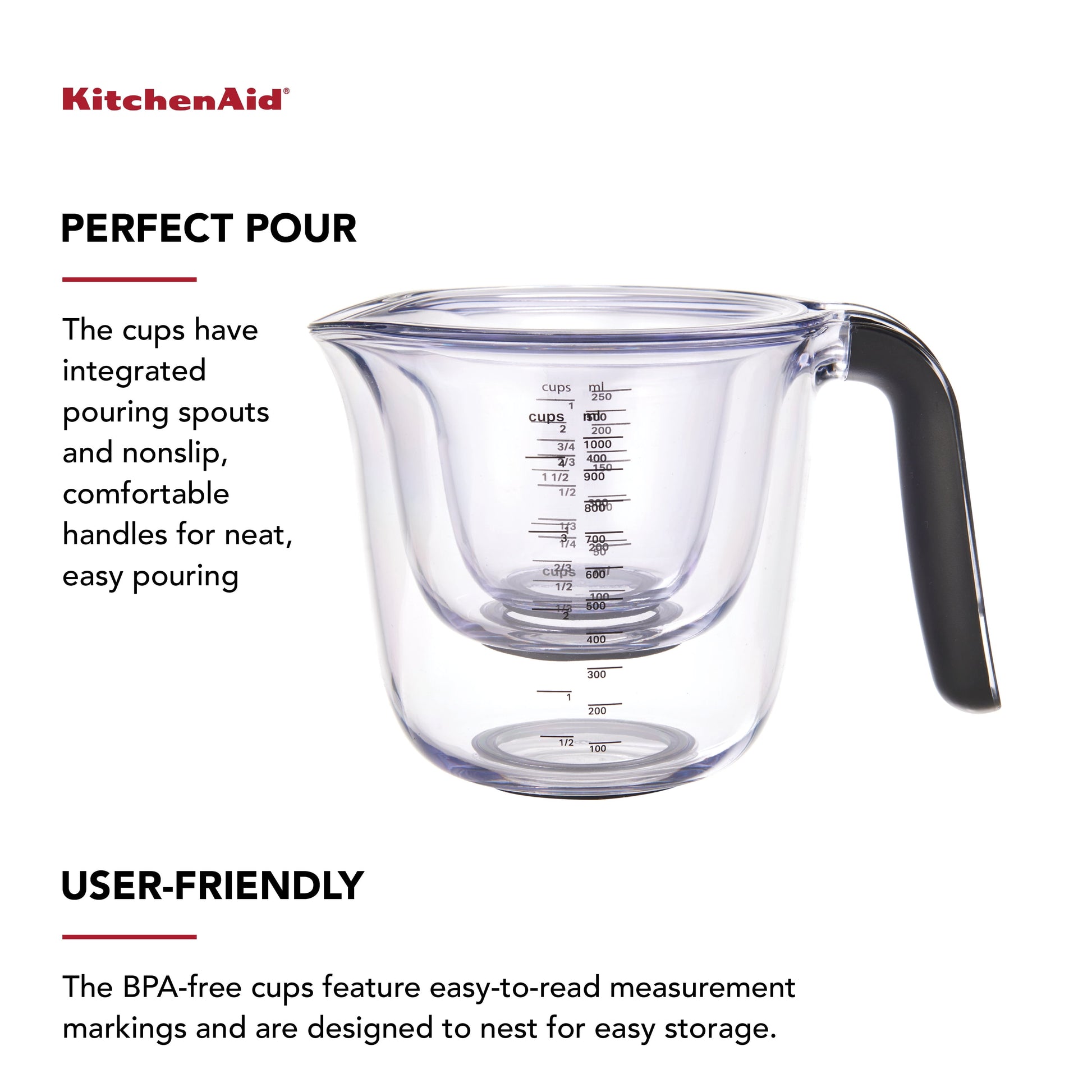 Kitchenaid Universal Clear Plastic Set of 3 Nesting Measuring Cups with Black Handle