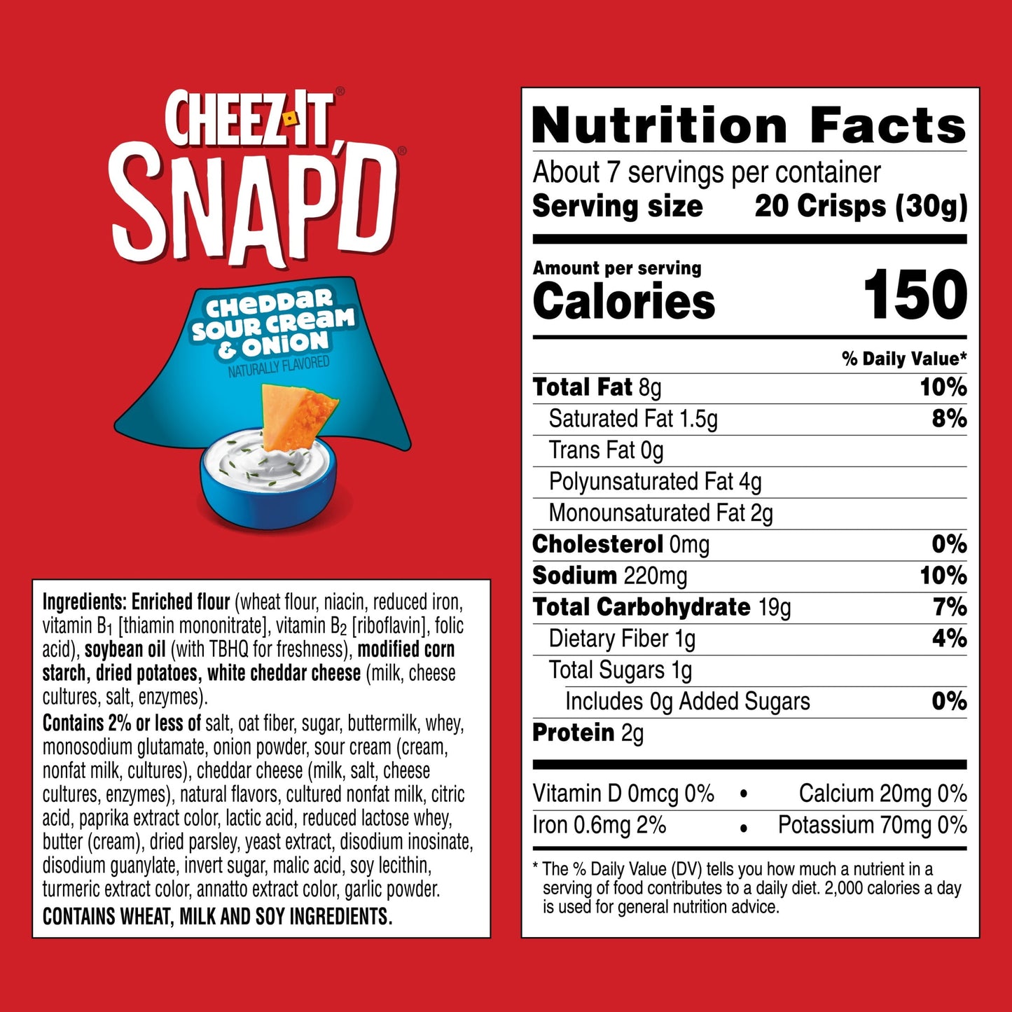 Cheez-It Snap'd Cheddar Sour Cream and Onion Cheese Cracker Chips, Thin Crisps, 7.5 oz