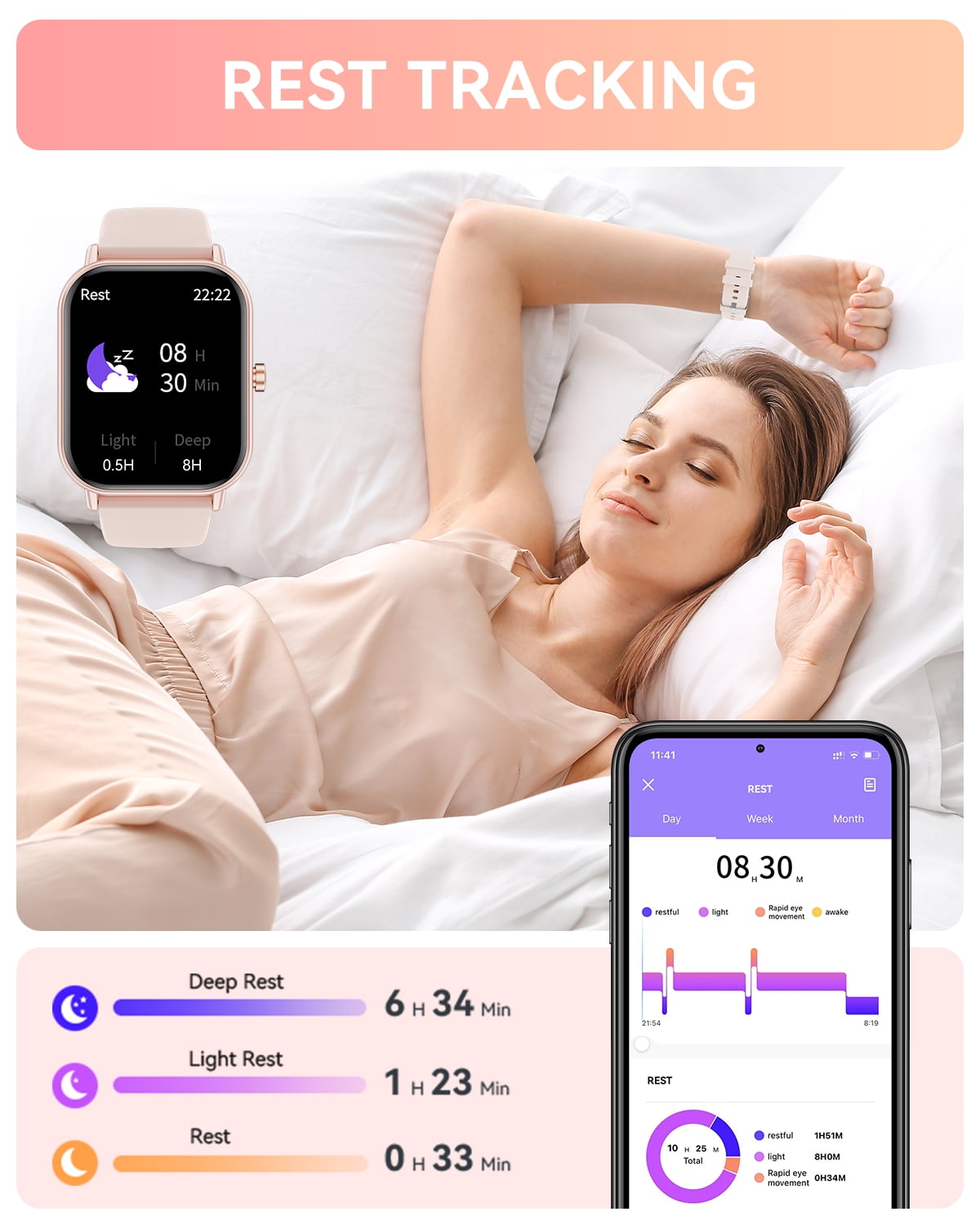 Mingwear 1.85-Inch Men's and Women's smartwatch fits for Android and iPhone Devices with Fitness Tracker, Pedometer, Answer/Call/120 Sport Modes, IP67 Waterproof Fitness Watch (Pink)