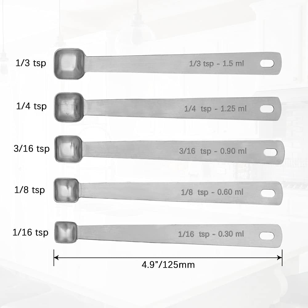 Measuring Spoons Set, 1/3 tsp, 1/4 tsp, 3/16 tsp, 1/8 tsp, 1/16 tsp, Mini Measuring Spoon for Baking, Tablespoon for Dry or Liquid Ingredients, Fits in Spice Jar, Set of 5