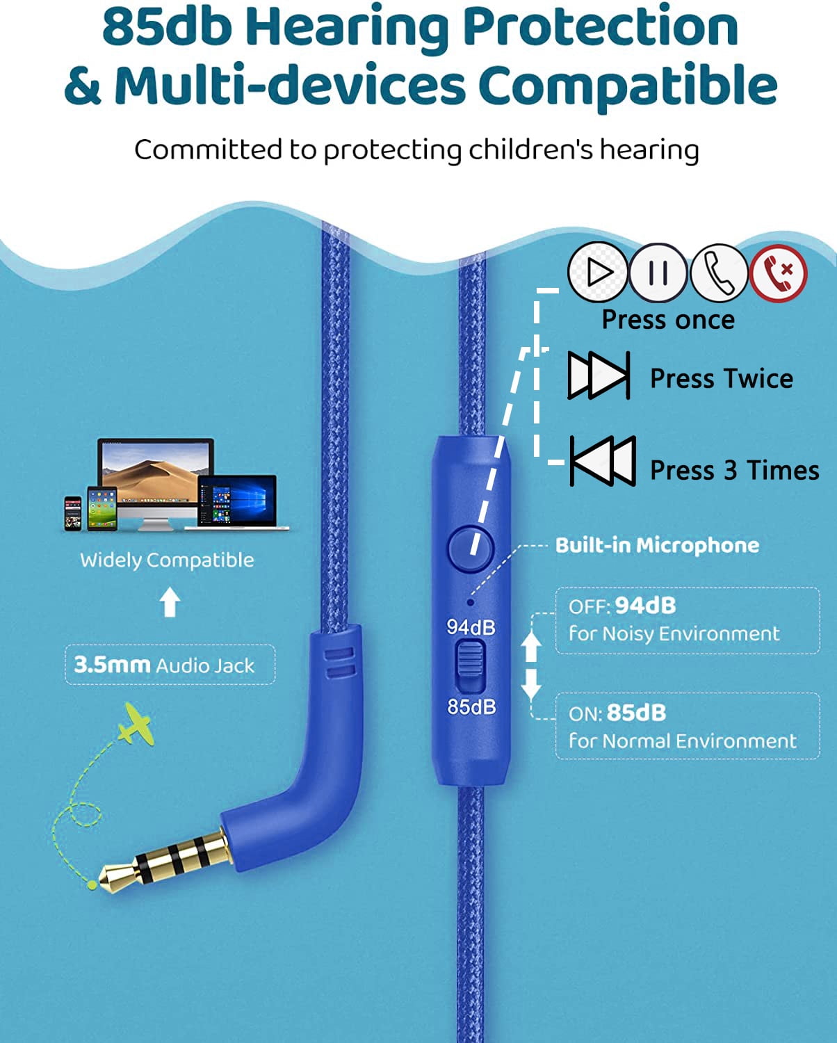 Mpow Kids Headphones with Microphone, Foldable 85/94dB Safe Volume Stereo Adjustable over Ear Headphones for Kids, Girls, Boys, Children, Share Function Wired Kids Headphones for School Tablet