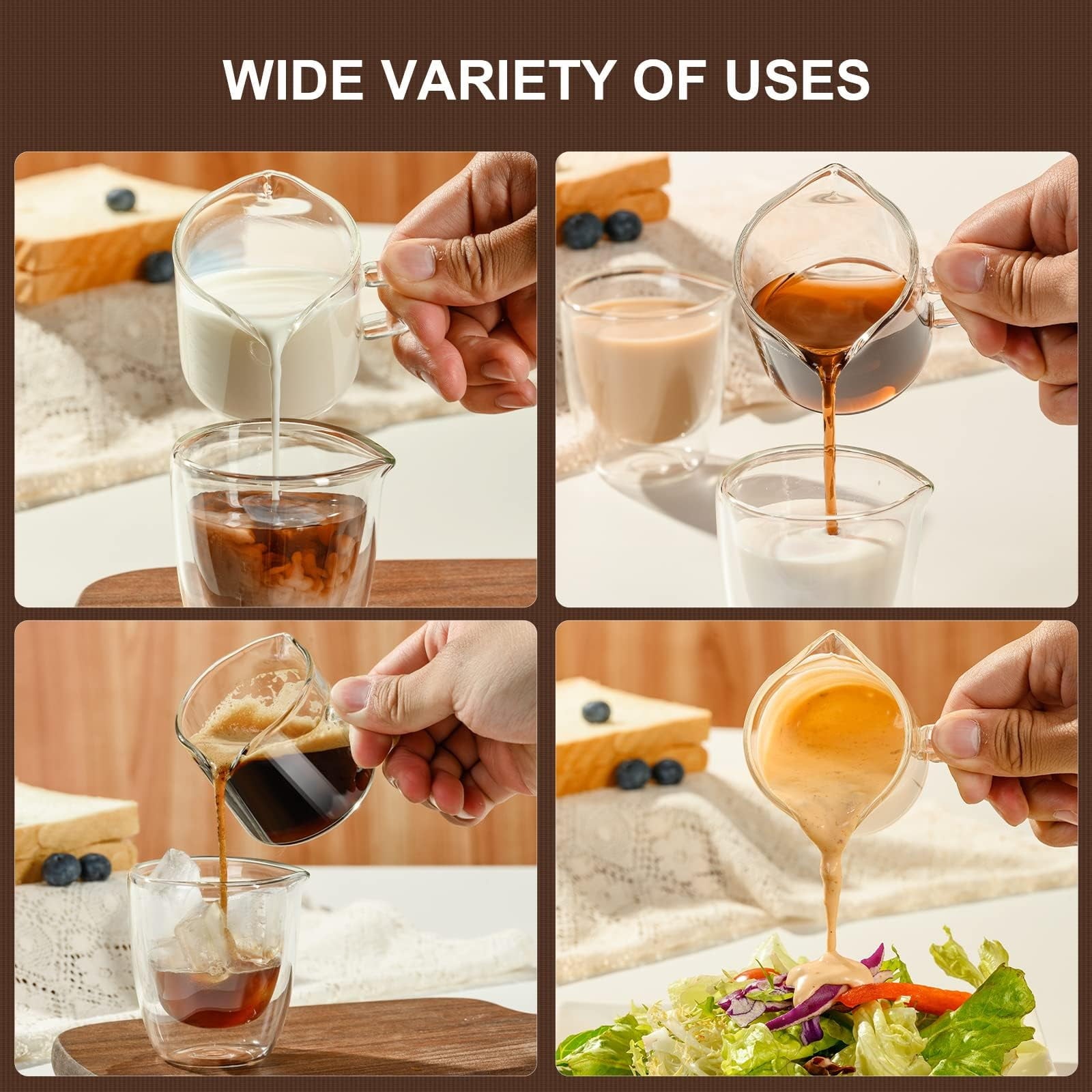 Baalaka Espresso Cup Set with Handle, Double Spout Glass Measuring Cup, V-Shaped Shot Glass, Clear Milk Frothing Pitcher, Espresso Accessories