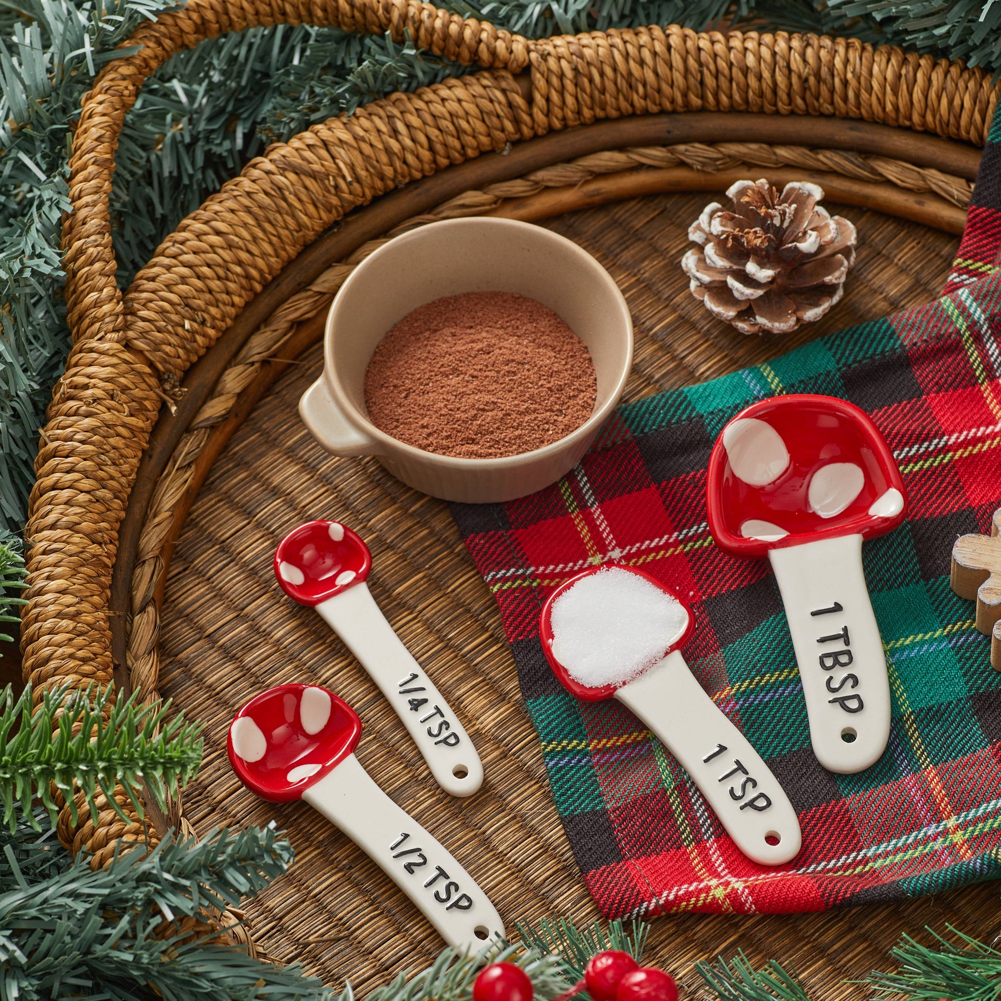 Bico Mushroom Gnome Hand Painted Stoneware Measuring Spoon Set, Cute Christmas Kitchen Accessories for Baking, Cooking, Dishwasher Safe