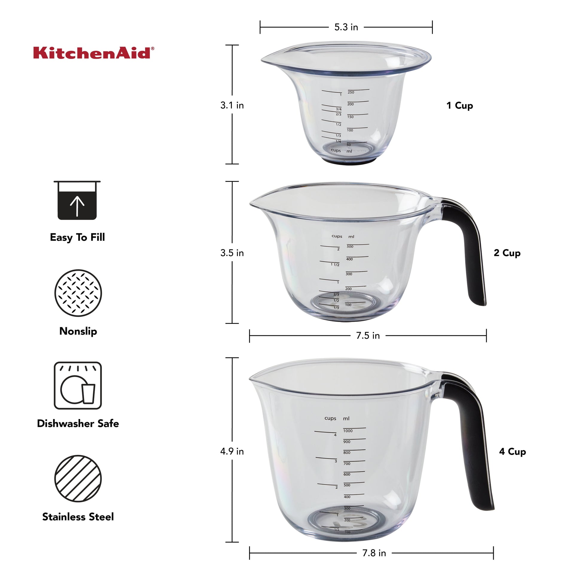 Kitchenaid Universal Clear Plastic Set of 3 Nesting Measuring Cups with Black Handle