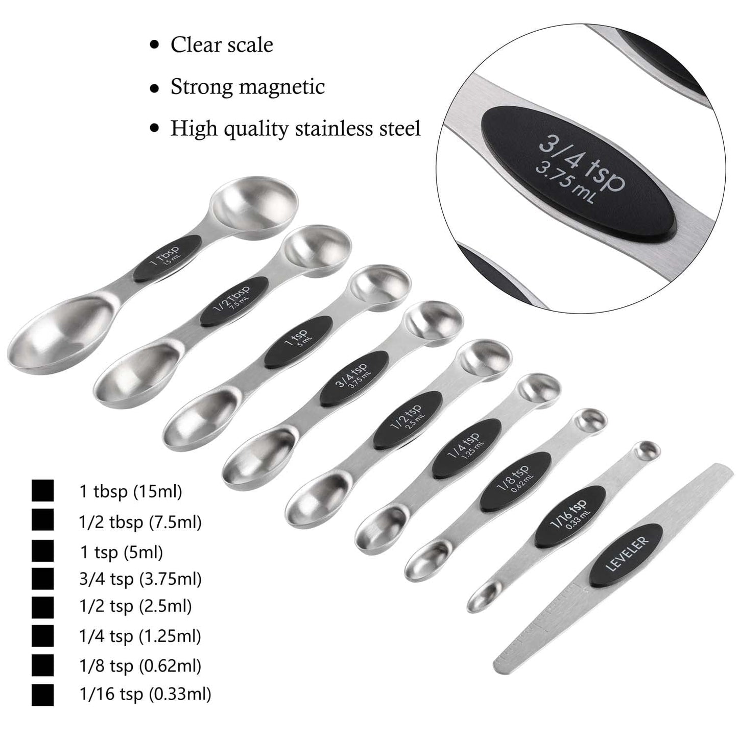 Magnetic Measuring Cups and Spoons Set of 16 Piece, Dishwasher Safe, Nesting Kitchen Gadgets for Cooking & Baking, Black