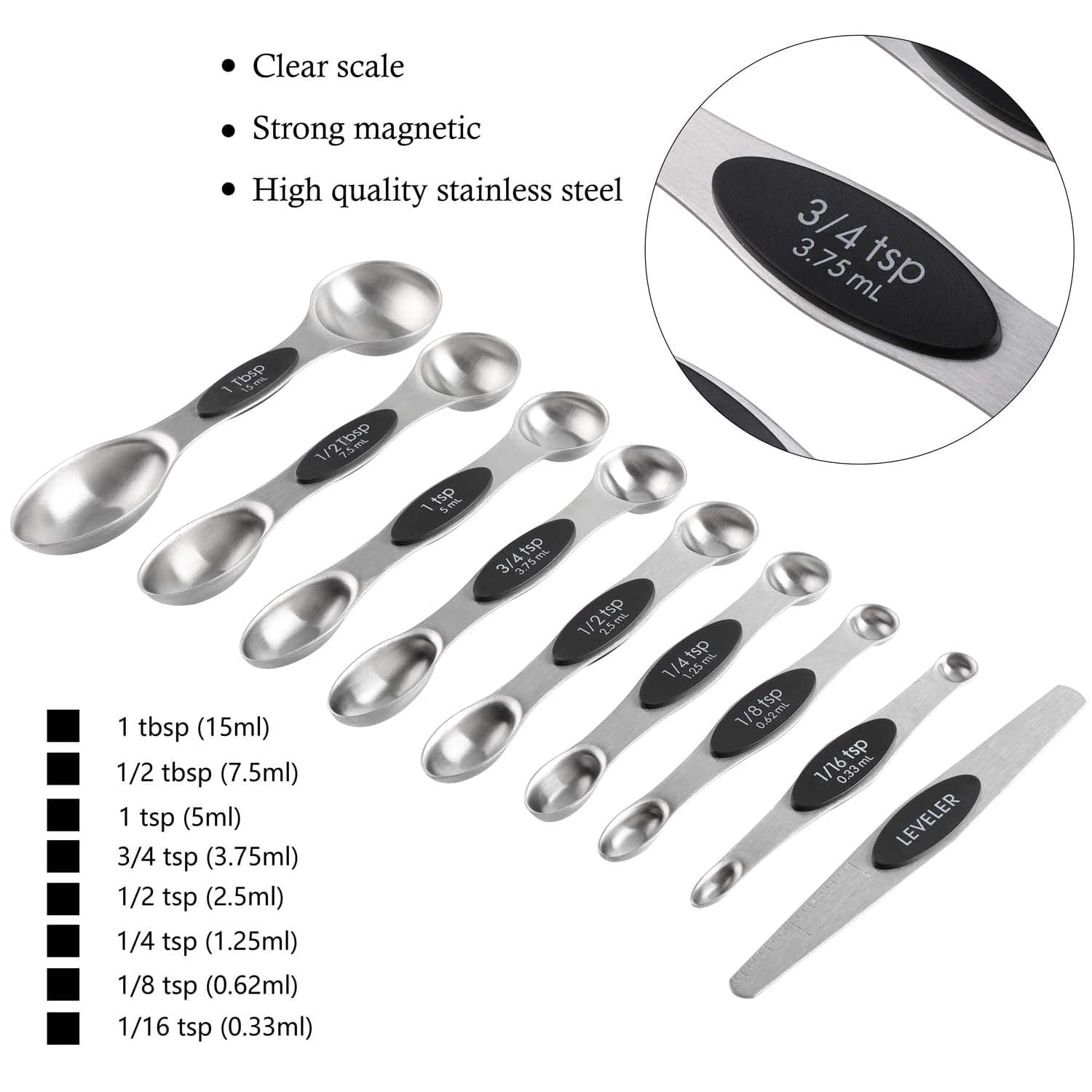Magnetic Measuring Cups and Spoons Set of 16 Piece, Dishwasher Safe, Nesting Kitchen Gadgets for Cooking & Baking, Black