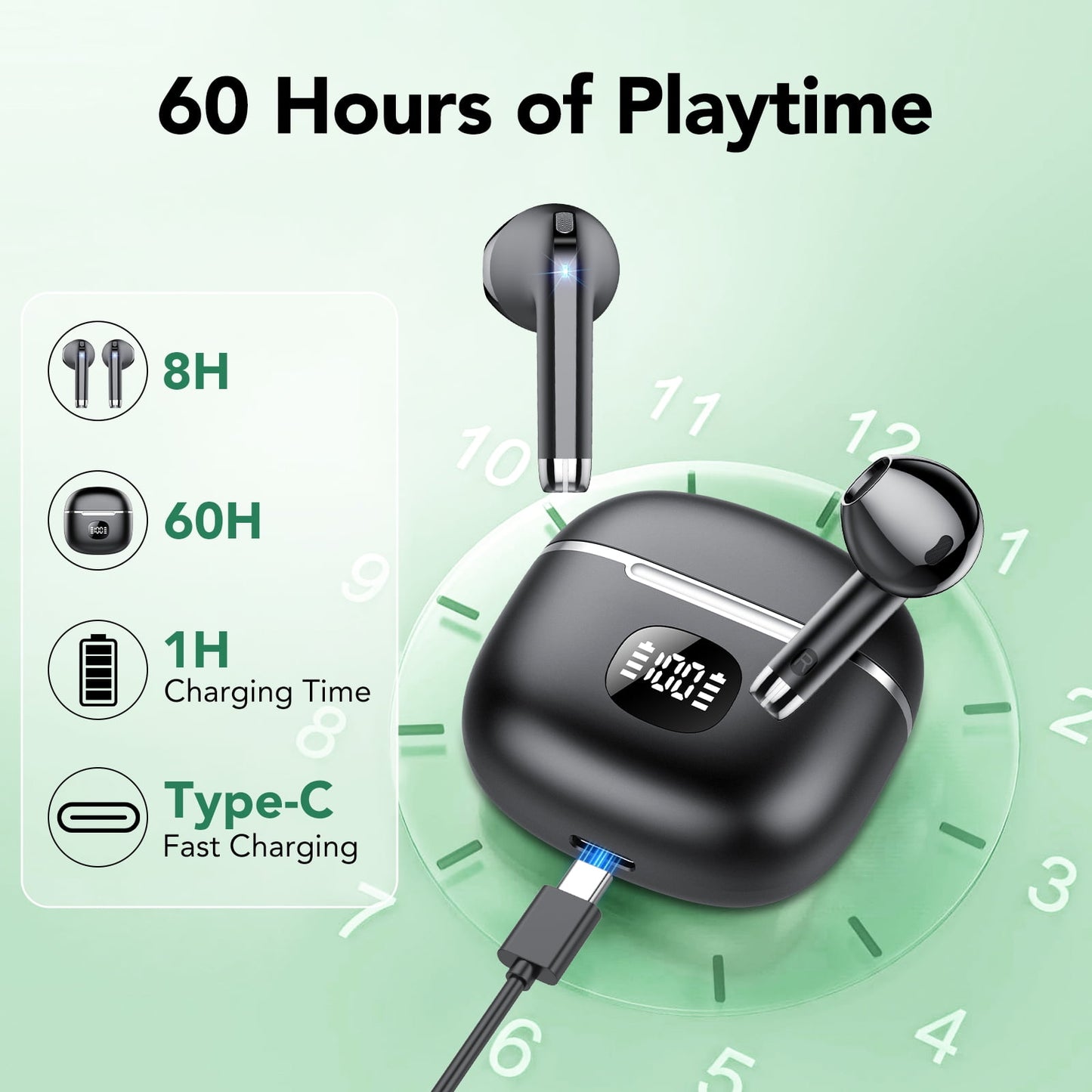 Wireless Earbuds Bluetooth Headphone 60H Deep Bass Loud Sound with 4 Mic Clear Call Ear Buds Noise Cancelling IP7 in-Ear Headphones with Wireless Charging Case Compatible for iPhone Android, Black