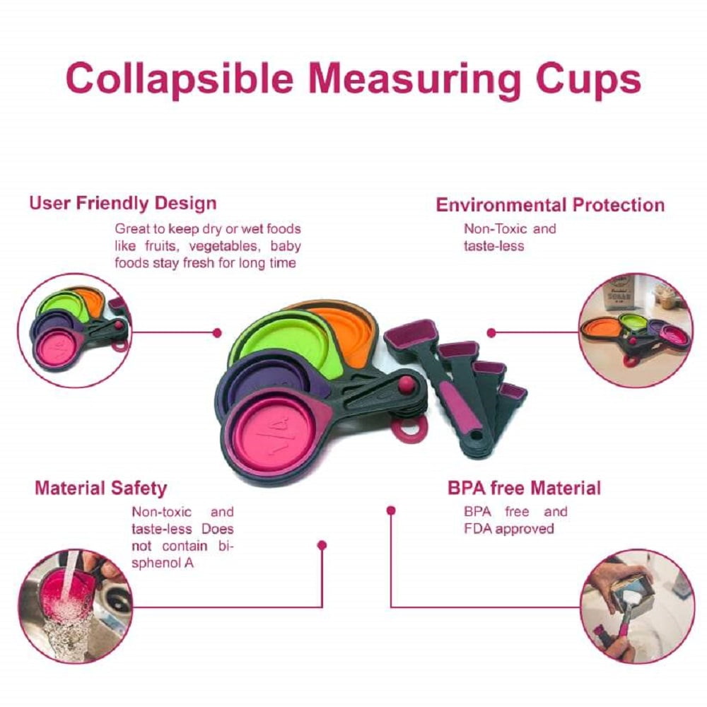Ingeniuso Pink Collapsible Measuring Cups Set - Silicone with Citrus Strainer