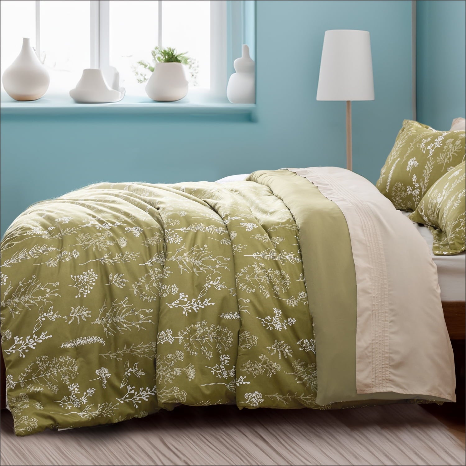 Cozy Comfort 3 Pieces Comforter Sets, 1 Soft Reversible Botanical Flowers Comforter and 2 Pillow Shams, Olive Green, Queen Size