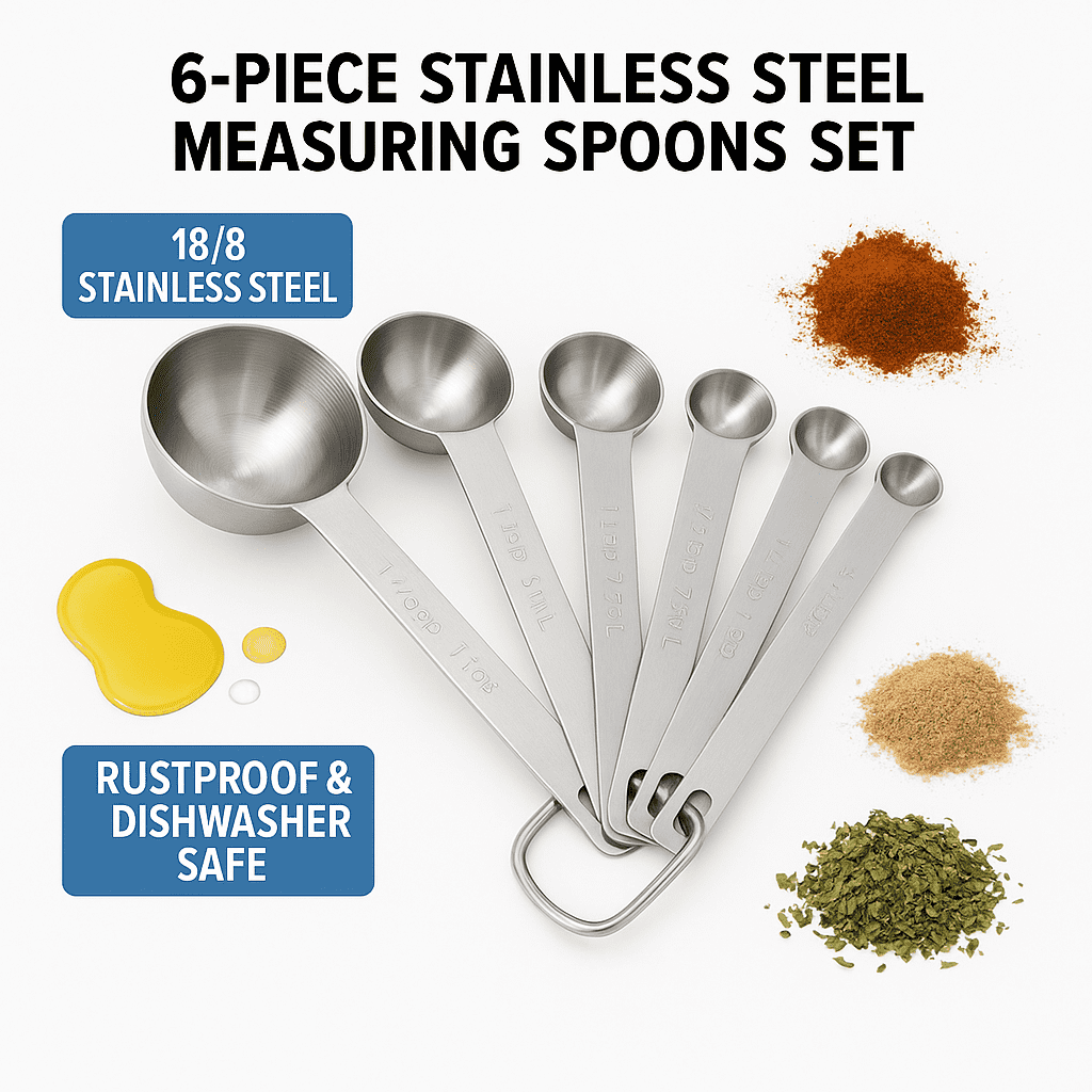 6-Piece Stainless Steel Measuring Spoons Set – 18/8 Rustproof Metal Spoons with Engraved Markings – Dishwasher Safe Nested Set for Baking, Cooking, Spices, Dry and Liquid Ingredients