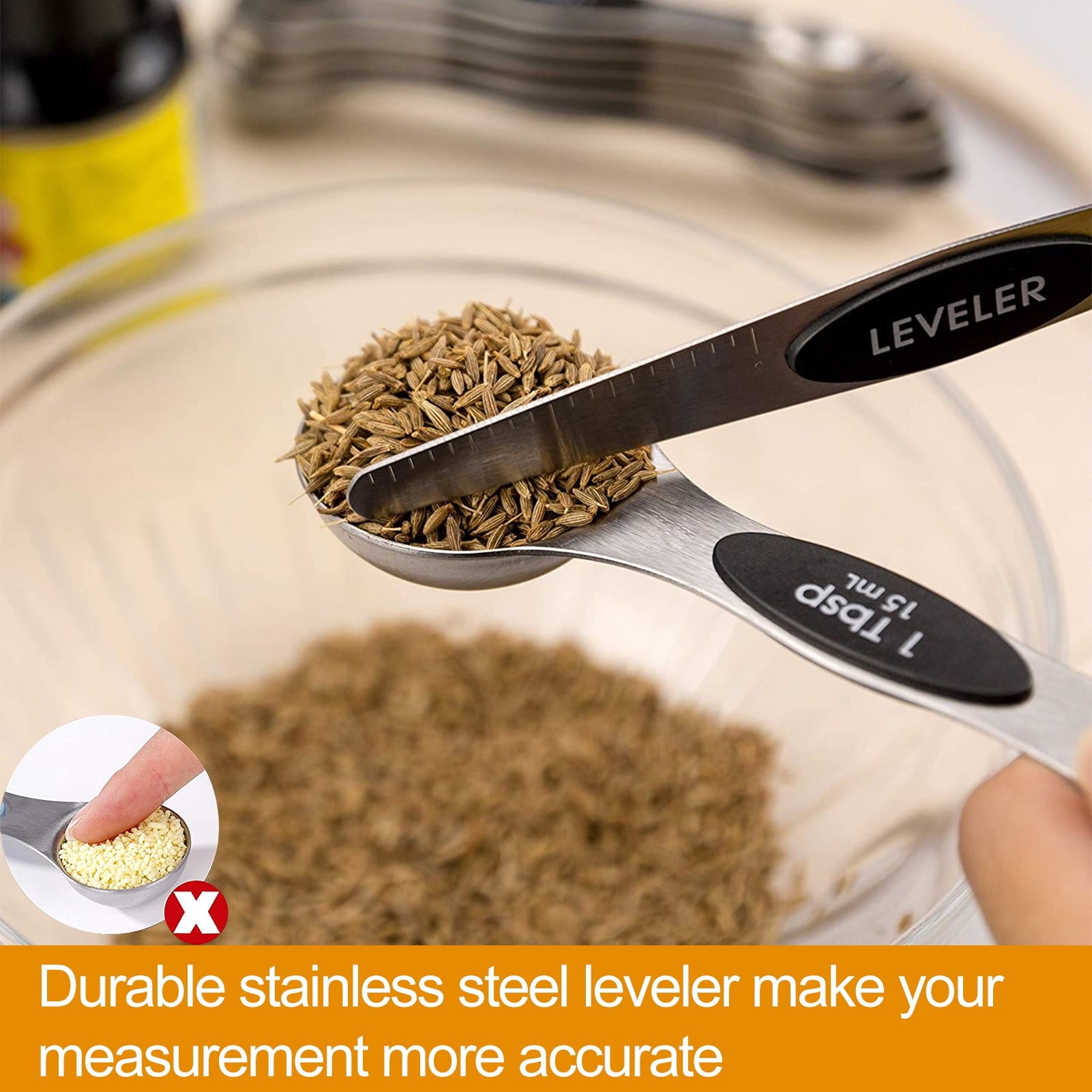 Magnetic Measuring Spoons Set, Dual Sided, Stainless Steel, Fits in Spice Jars (8Pcs-Black)