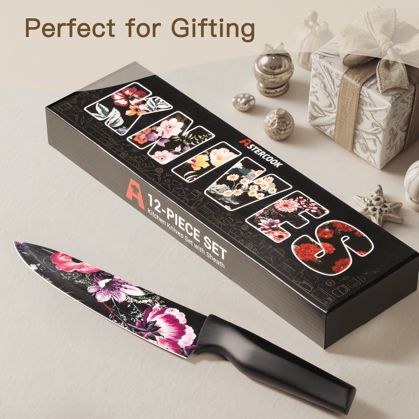 Astercook 6 Piece Flower Kitchen Knife Set, German High Carbon Stainless Steel Knives Sets with 6 Blade Guards Dishwasher Safe, Perfect Gifts for Kitchen
