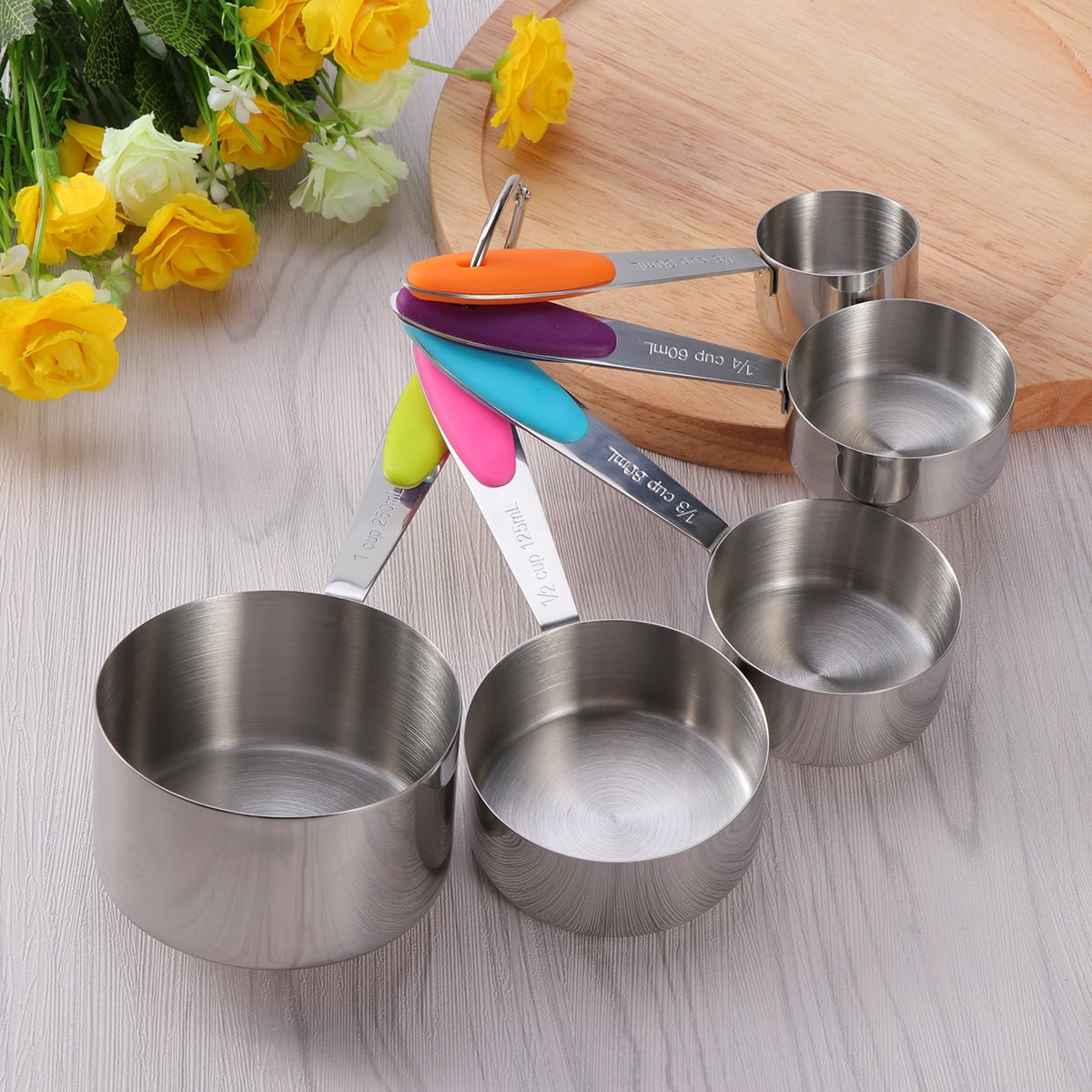5PCS Stainless Steel Stackable Measuring Cup Set with Silicone Handles for Kitchen Cooking Baking - 1.0MM (Handle for Random Color)