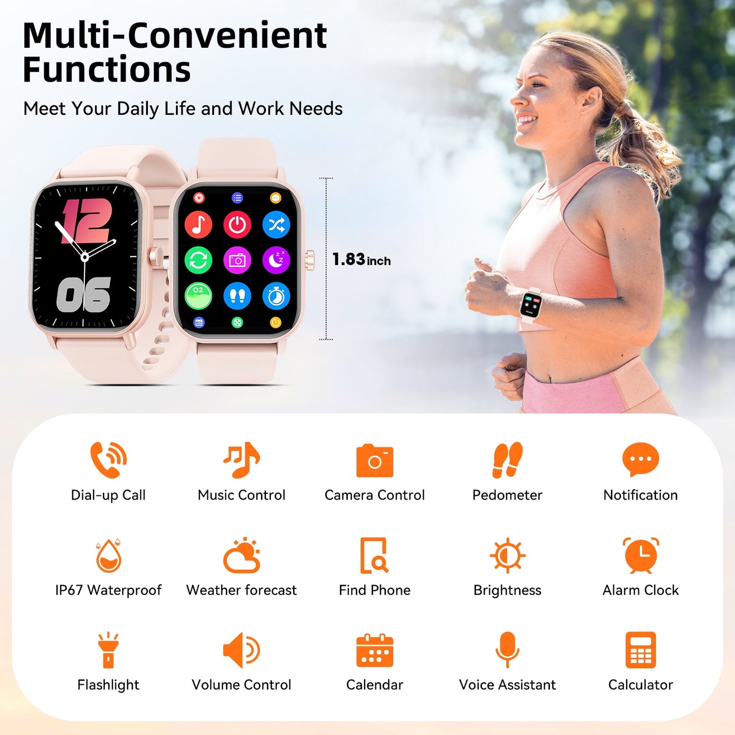 Mingwear 1.85-Inch Men's and Women's smartwatch fits for Android and iPhone Devices with Fitness Tracker, Pedometer, Answer/Call/120 Sport Modes, IP67 Waterproof Fitness Watch (Pink)