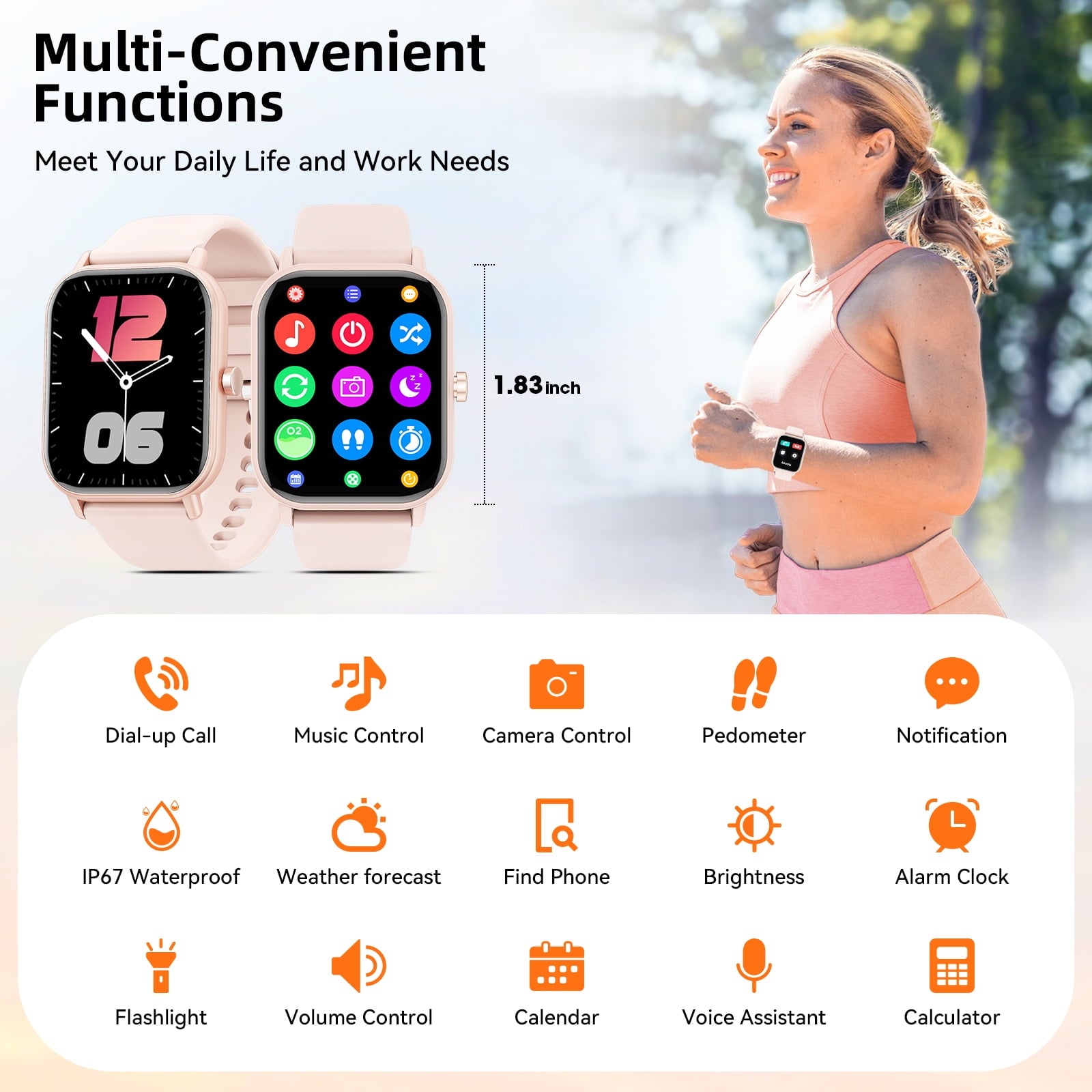 Mingwear 1.85-Inch Men's and Women's smartwatch fits for Android and iPhone Devices with Fitness Tracker, Pedometer, Answer/Call/120 Sport Modes, IP67 Waterproof Fitness Watch (Pink)